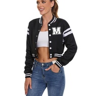 jeecoin Women's Baseball Varsity Jacket Vintage Crop Top Letter Print College Letterman Coat Bomber 