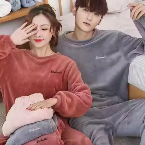 2023 Autumn Winter Pajama Sets Couple Large Size Pajama Flannel Warm Set for Men Women Coral Plush F