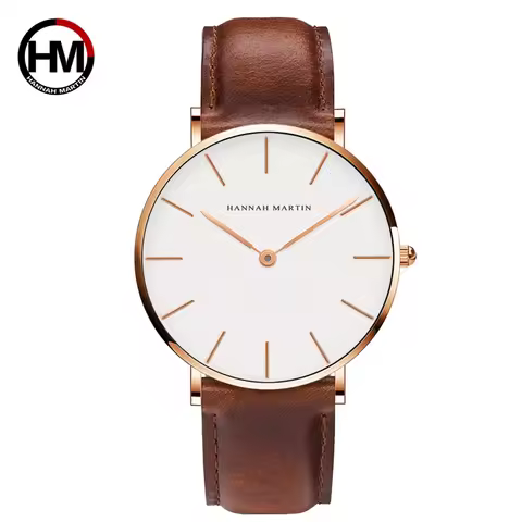 Hannah Martin Brand Fashion Japan Quartz Wrist Watches Silver Brown Leather Men Watch Waterproof Dre