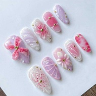 Blush Pink Fake 30Pcs Light Purple Al Press On Nails 3D Flower Beads Designs Summer Sweet Girls Char