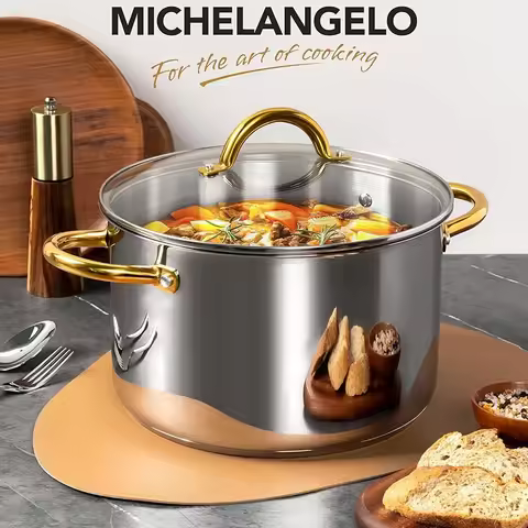 MICHELANGELO 6/8/10QT Stainless Steel Stock Pot with Lid Cooking Pot with Riveted Handle Induction C