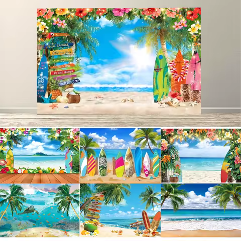Summer Hawaiian Beach Photography Backdrop Tropical Flower Palm Leaves Surfboard Background for Luau
