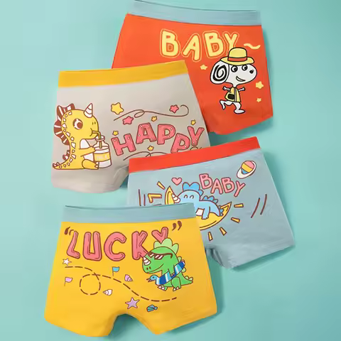 4-Piece Boys Cotton Boxers Comfortable Breathable Children Shorts Lucky Dinosaur Pattern Pilling-res