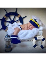 手工編織新生兒拍照警察造型帽+褲子+襪子兒童攝影棚道具0-3個月嬰兒成長紀念品