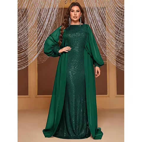 Plus Size Round Neck Chiffon Long Sleeve Luxury Floor-Length Shiny Evening Dress 4xl 5xl Big Size Di