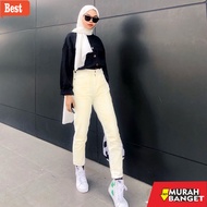 Thegirlhouse's newest women's JEANS - BEIGE BOYFRIEND HIGHWAIST RUBBER WAIST JEANS