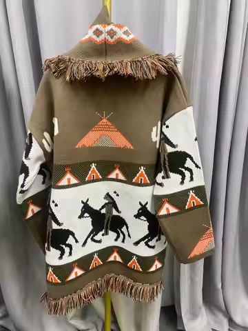 Boho Inspired knitted geometric pattern cardigan shawl lapels cashmere women warm oversized cardigan