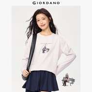 GIORDANO Women T-Shirts 100% Cotton Funny Time Print Tee Crewneck Long Sleeve Simple Fashion Casual