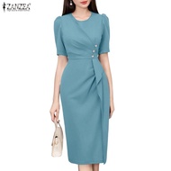 ZANZEA Women's Korean Style Formal Crew Neck Puff Sleeve Pleated Midi Dress