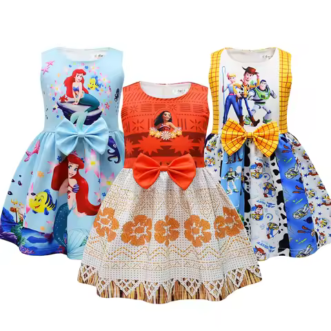 Disney Princess Frozen Elsa Anna Cartoon Full Printing Casual Dress Summer Minnie Woody Moana Costum