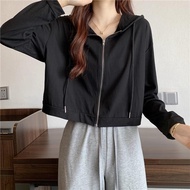 เสื้อคลุมแขนยาวผู้หญิงมีฮู้ด oversize เสื้อผ้าแฟชั่นสไตล์เกาหลี สวมใส่สบาย เสื้อกันแดด ครอปสีพื้น โอ