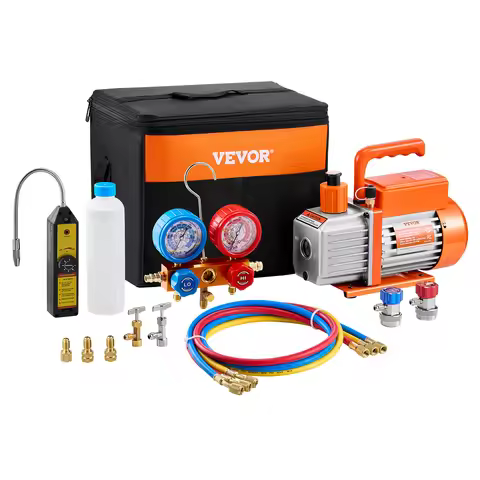 VEVOR 4.5 CFM AC Vacuum Pump and Gauge Set, Single Stage with Leak Detector Hoses for R134a, R12, R2