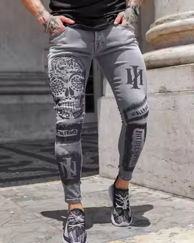 Trendy Men's Stretch Jeans Casual Pants Slim Printed Gray Jeans Men Fashion Printed Jeans Men Pencil