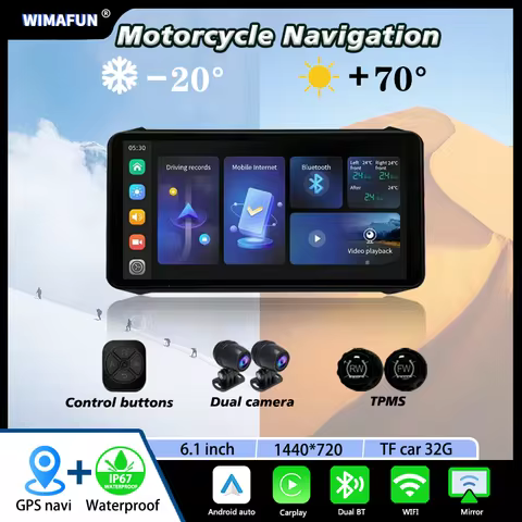 Moto Android Auto Apple Carplay 6.1 inch Touch Screen IP67 Waterproof Dual HD 1080p DVR Camera Motor