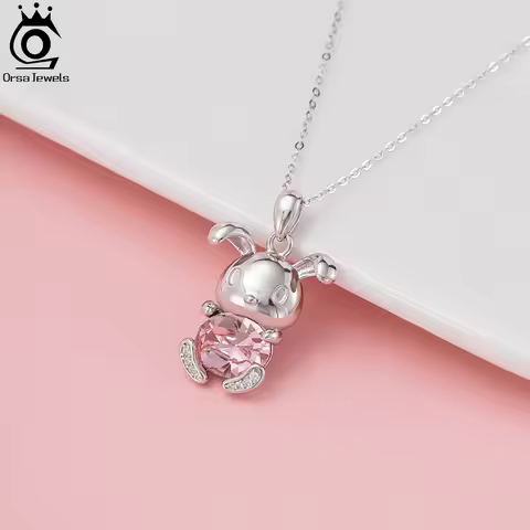 ORSA JEWELS S925 Silver Cute Rabbit Pendant Necklaces for Women Jewelry Accessories Sweet Crystal & 