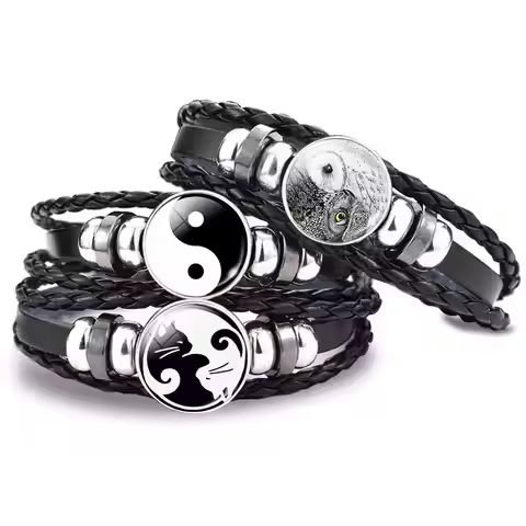 Yin Yang Bracelet Yin Yang Cat Yin Yang Owl Glass Cabochon Braided Multi-layer Black Leather Woven B