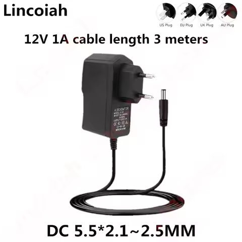 3m cable 3 meter line AC 100-240V DC 12V 1A 1000ma AC/DC Adapter 12 V Volt Charger Power Supply For 