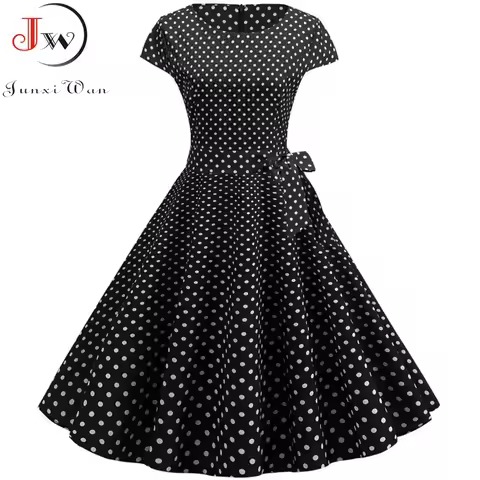 Retro Black Polka Dot Summer Dress Women Vintage 50s 60s Rockabilly Party Dress Robe Femme