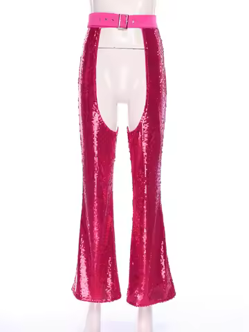 Women Rave Chaps Halloween Glitter Sequin Cowgirl Chaps Adjustable Waist Crotch Hollow Out Flared Pa