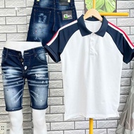 COMBO men's blue washed Jeans shorts combined with basic white polo fox, easy to wear, flattering ev