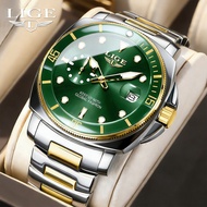 LIGE Men's Green Dial Two-Tone Stainless Steel Watch - Water Resistant Quartz Wristwatch with Date F