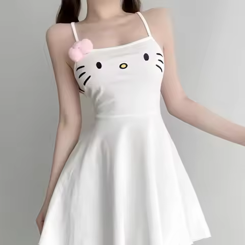 Hello Kitty Short Skirt Sweet and Cute Pure Lust Style Cartoon Fashion Home Suspender Dress Girls Ve