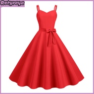 Vintage Women Dress A-line Big Swing Solid Color Backless Spaghetti Strap 50s Bow Decor Prom Cocktai