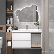 ‍🚢Wooden Bathroom Cabinet Combination Ceramic Integrated Wash Basin Bathroom Japanese-Style Smart round Mirror Wash Basi