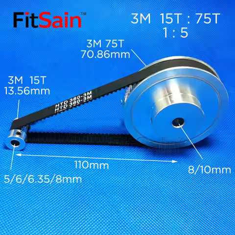FitSain-3M 15T:75T 1:5 pulley synchronous wheel deceleration timing belt bandwidth 10 holes 5/6/8/10