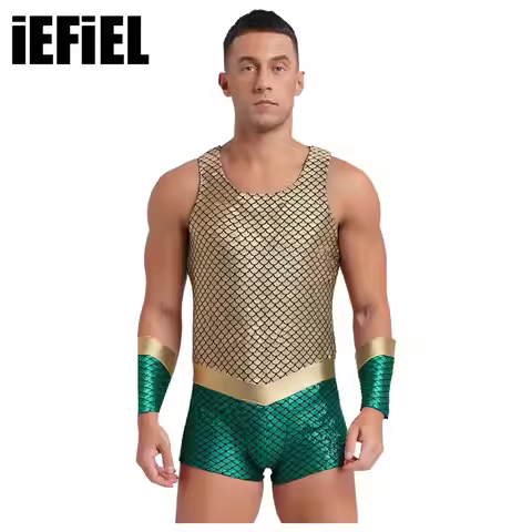 Men Poseidon Sea King Cosplay Costumes Sleeveless Metallic Shiny Fish Scales Print Bodysuit with Arm