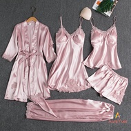 [AuraYuer] 5PC Silk Robe Sleep Suit with Lace & Satin - Women's V-Neck Nightgown Set
