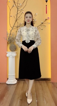 Đầm form A - Cổ V tay dài - CV - Kem hoa - TTV1931#