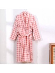 1件印花格紋珊瑚絨浴袍/長袍/家居服,柔軟吸水,適用於臥室/浴室/游泳池