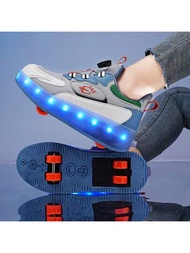 兒童時尚戶外漫步鞋,2024年新款兒童運動滾輪溜冰鞋,四輪溜冰鞋/女孩的溜冰鞋,發光的usb充電鞋,四季穿戴十條led燈帶模式