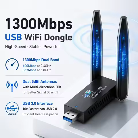 USB 3.0 WiFi Adapter 1300Mbps Dual Band 5GHz 2.4GHz High Gain Antenna Long Range Wireless Network Ca