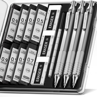 Four Candies Metal Mechanical Pencil Set (0.5mm, 0.7mm, 0.9mm) - 3 Pencils with Case, 480 HB Leads, 