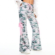 Quần ống loe buộc nơ ren in họa tiết camo Harajuku cho nữ
