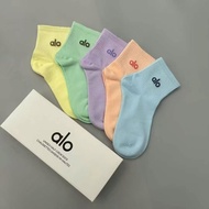Summer ALO 5 Pairs Boxed Youth Sports Socks Mesh Breathable Mid-Tube Letter Trendy Socks