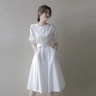 Dress midi casual slim ala korea terbaru/Rok Kemeja Tingkat Lanjut/dress putih