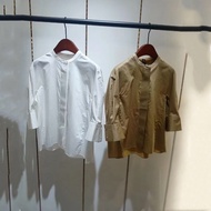 เสื้อเชิ้ตคอตตอน LS Women Summer New Single Button Casual Stand Collar Seven Sleeve Versatile Top 2N