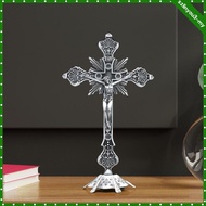 [SzlinyoubeMY] Free Standing Catholic Crucifix Statue Silver Alloy Cross Christian Figurine for Tabl