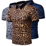 เสื้อยืดลำลองแขนสั้นสำหรับผู้ชาย,แฟชั่นใหม่ฤดูร้อนลายเสือดาวเซ็กซี่พอดีเพรียวคอปกเสื้อโปโล