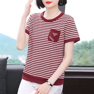 Yellow Stripe T-shirt Short Sleeve Contrast Color Pocket Top Oversized T-shirt v9W8
