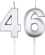 Silver 46th & 64th Birthday Candles for Cakes, Number 46 64 Candle Cake Cupcake Topper for Birthday