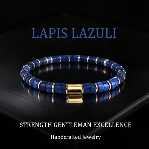 Men's Lapis Lazuli Bracelet with Golden Beads Gentleman's Accessory Symbolizing Strength and Success