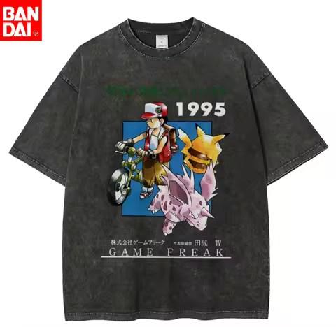 Pokemon Red 1995 Game Freak Retro T Shirt Men 2026 Summer Vintage Acid Wash Oversized Tee Anime Stre