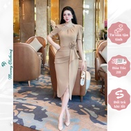 Short-sleeved Party Bodycon Dress with Stone Collar, Shrug Design, Floral Waist, Pencil Shape, Umi M