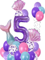 27入組美人魚主題派對裝飾氣球套裝帶40寸紫色數字球套裝適用於大海主題兒童5日生日戶外婚禮裝飾