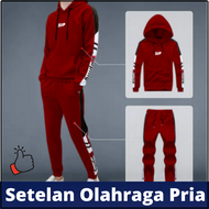 SET Pakaian baju olahraga pria dewasa set lengan panjang hoodie + celana training lari santai joggin