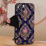 1pc TPU Rhombus Scroll Rose Pattern Shockproof Full Coverage Phone Case And 1pc Black Enamel Tassel 